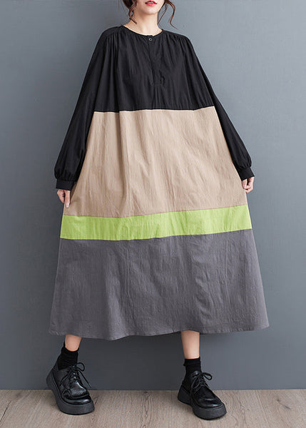 Khaki Loose Patchwork Cotton Long Dresses O Neck Fall QA045 OM-ZS241009