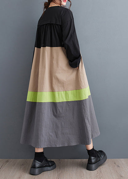 Khaki Loose Patchwork Cotton Long Dresses O Neck Fall QA045 OM-ZS241009