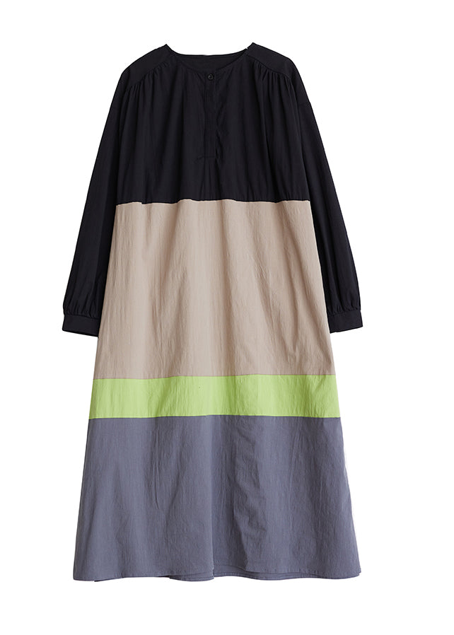 Khaki Loose Patchwork Cotton Long Dresses O Neck Fall QA045 OM-ZS241009