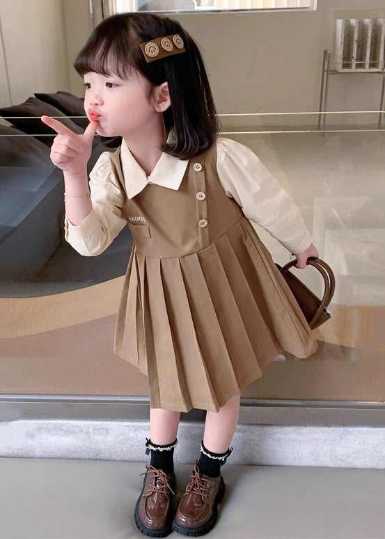 Khaki Patchwork Cotton Girls Dresses Peter Pan Collar Long Sleeve XZ021 FALL-MM-RCTZ-FDGL240618