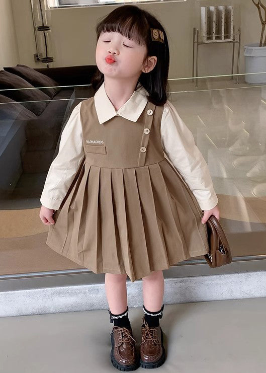 Khaki Patchwork Cotton Girls Dresses Peter Pan Collar Long Sleeve XZ021 FALL-MM-RCTZ-FDGL240618