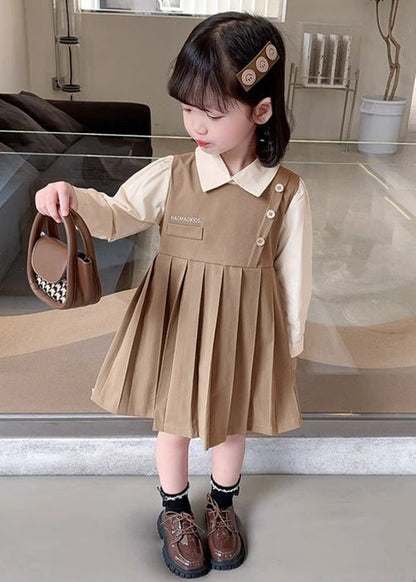 Khaki Patchwork Cotton Girls Dresses Peter Pan Collar Long Sleeve XZ021 FALL-MM-RCTZ-FDGL240618