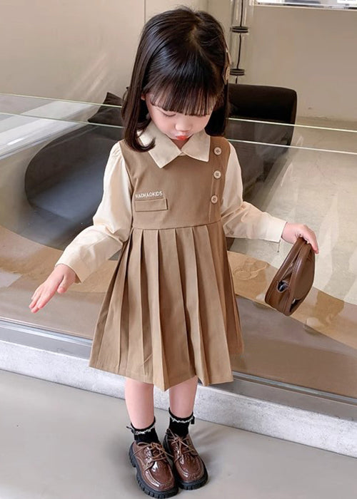 Khaki Patchwork Cotton Girls Dresses Peter Pan Collar Long Sleeve XZ021 FALL-MM-RCTZ-FDGL240618
