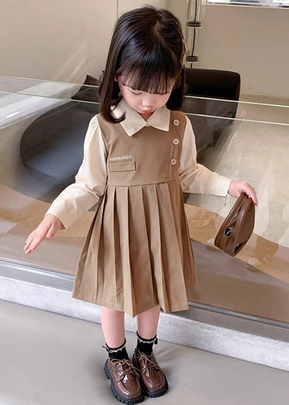 Khaki Patchwork Cotton Girls Dresses Peter Pan Collar Long Sleeve XZ021 FALL-MM-RCTZ-FDGL240618