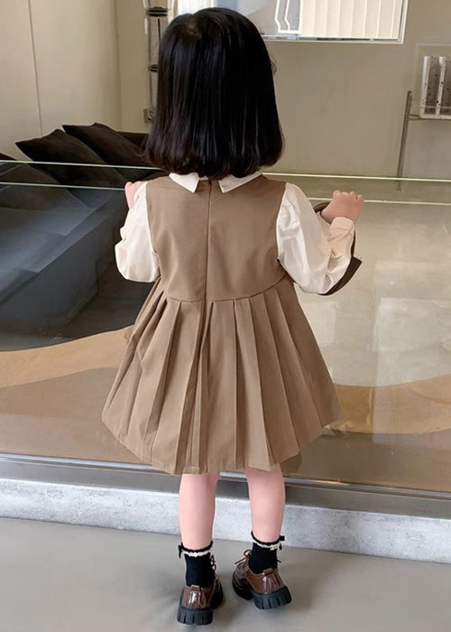 Khaki Patchwork Cotton Girls Dresses Peter Pan Collar Long Sleeve XZ021 FALL-MM-RCTZ-FDGL240618