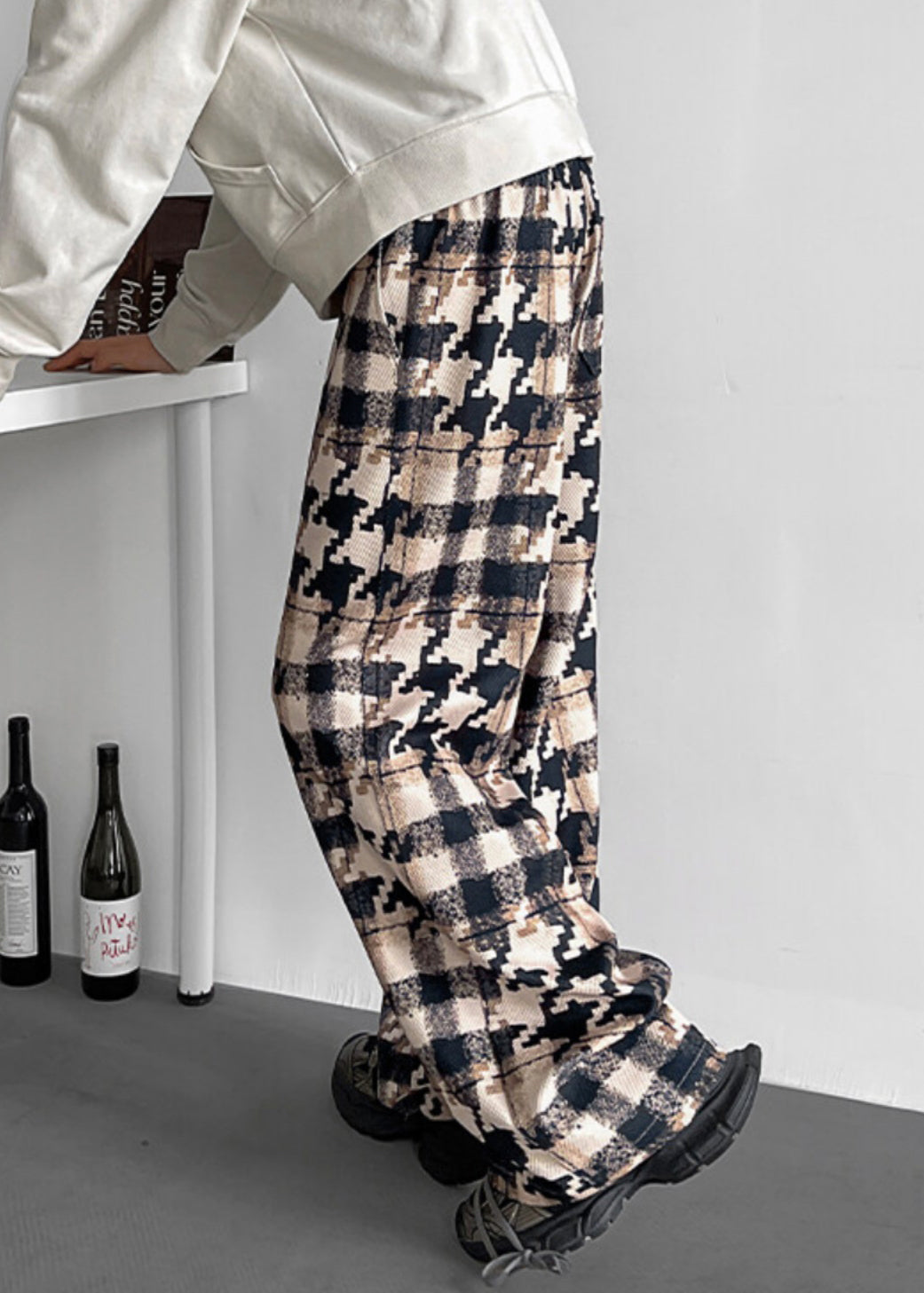 Elastic Waist Pockets Cotton Khaki Men Pants Plaid FashionChic