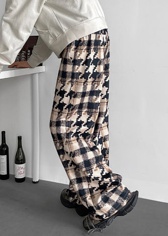 Elastic Waist Pockets Cotton Khaki Men Pants Plaid FashionChic