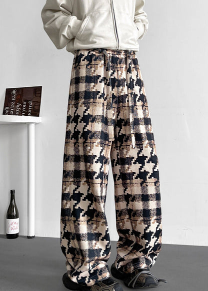 Elastic Waist Pockets Cotton Khaki Men Pants Plaid FashionChic
