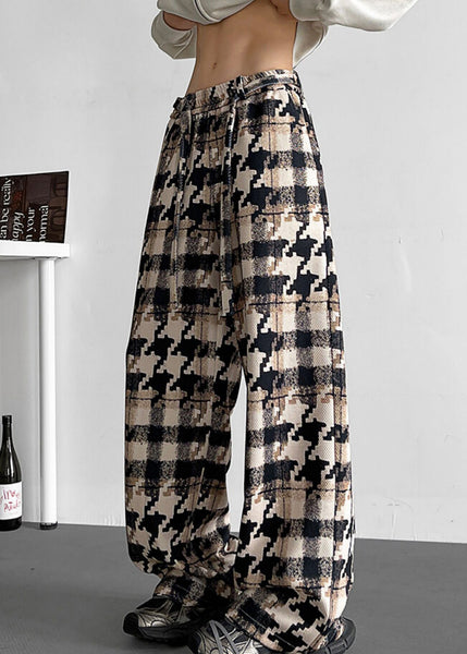 Elastic Waist Pockets Cotton Khaki Men Pants Plaid FashionChic