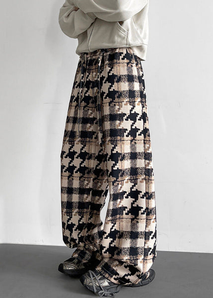 Elastic Waist Pockets Cotton Khaki Men Pants Plaid FashionChic