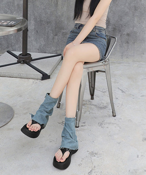 Khaki Platform Chic Hollow Out Denim Thong Sandals Boots OI056 shoe-XZ240801