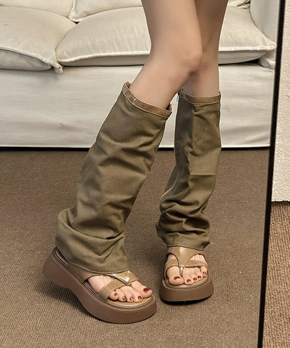 Khaki Platform Denim Casual Hollow Out Thong Sandals Boots OI061 shoe-XZ240801