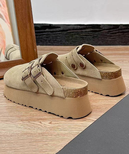 Khaki Platform Suede Handmade Splicing Slide Sandals RI015 ABC