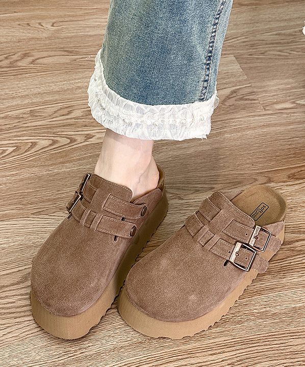 Khaki Platform Suede Handmade Splicing Slide Sandals RI015 ABC