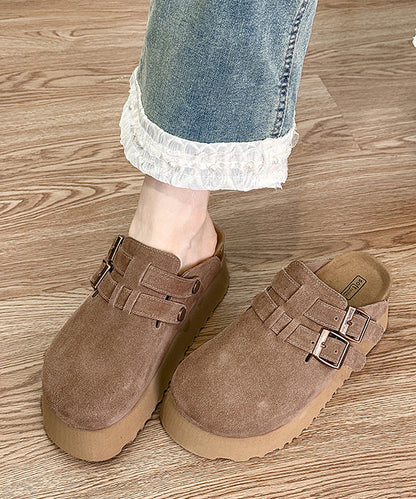 Khaki Platform Suede Handmade Splicing Slide Sandals RI015 ABC