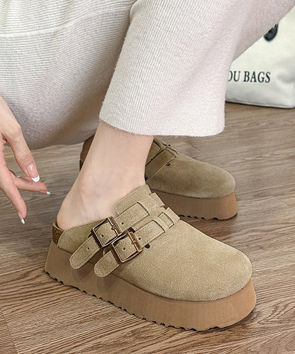 Khaki Platform Suede Handmade Splicing Slide Sandals RI015 ABC