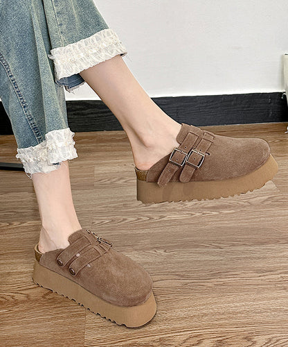 Khaki Platform Suede Handmade Splicing Slide Sandals RI015 ABC