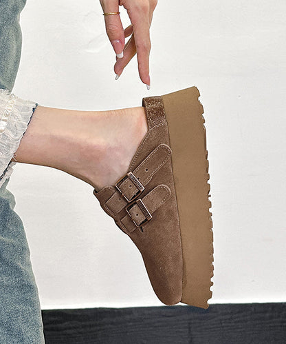 Khaki Platform Suede Handmade Splicing Slide Sandals RI015 ABC