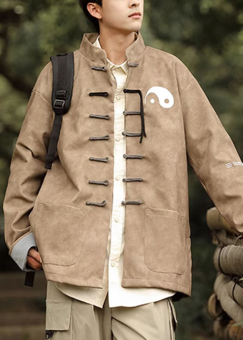 Khaki Pockets Faux Leather Mens Coats Stand Collar Winter RO034 ABC