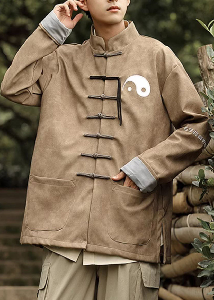 Khaki Pockets Faux Leather Mens Coats Stand Collar Winter RO034 ABC