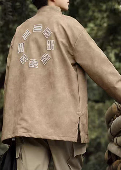 Khaki Pockets Faux Leather Mens Coats Stand Collar Winter RO034 ABC