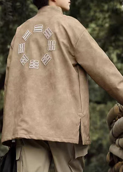 Khaki Pockets Faux Leather Mens Coats Stand Collar Winter RO034 ABC