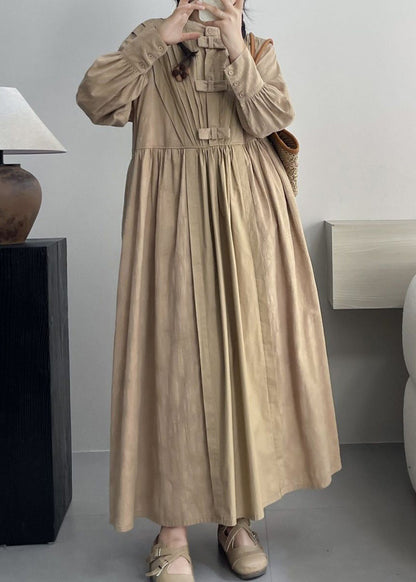 Khaki Pockets Solid Cotton Dresses Stand Collar Spring VV077 HS-FDL240627