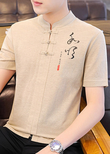 Khaki Stand Cotton Mens T Print Collar Shirt Button Summer FashionChic
