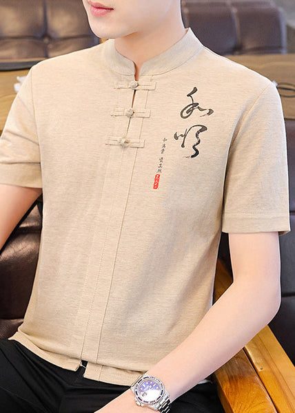 Khaki Stand Cotton Mens T Print Collar Shirt Button Summer FashionChic