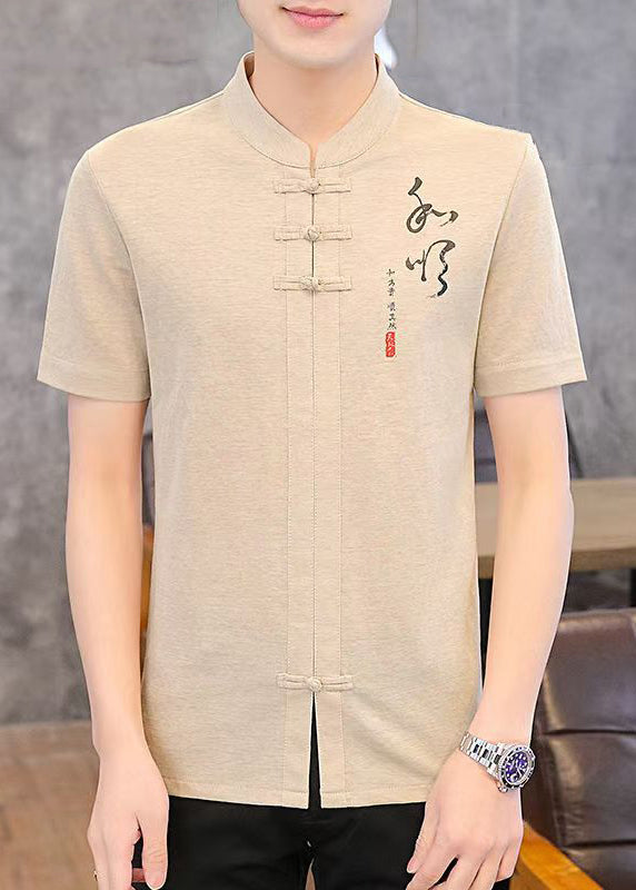 Khaki Stand Cotton Mens T Print Collar Shirt Button Summer FashionChic
