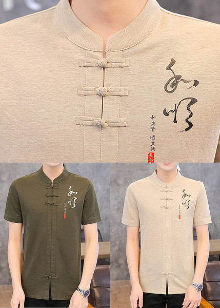Khaki Stand Cotton Mens T Print Collar Shirt Button Summer FashionChic