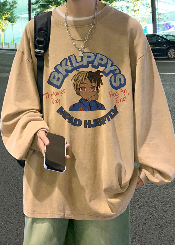 Shirts Khaki Cotton Loose Mens Neck Print Spring O T FashionChic