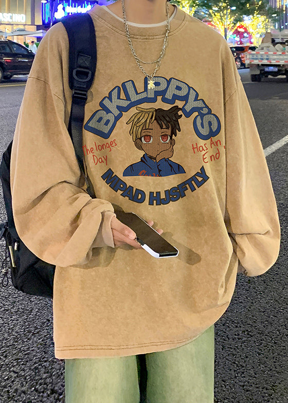 Shirts Khaki Cotton Loose Mens Neck Print Spring O T FashionChic