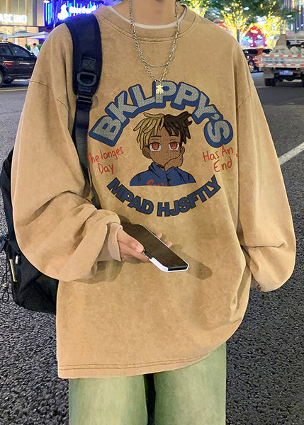 Shirts Khaki Cotton Loose Mens Neck Print Spring O T FashionChic