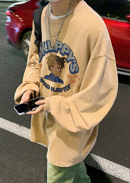 Shirts Khaki Cotton Loose Mens Neck Print Spring O T FashionChic