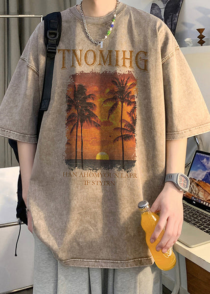 O Shirt Khaki Half Neck Sleeve Cotton Men T Oversized Print FashionChic