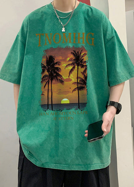 O Shirt Khaki Half Neck Sleeve Cotton Men T Oversized Print FashionChic