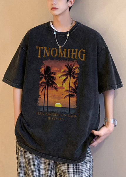 O Shirt Khaki Half Neck Sleeve Cotton Men T Oversized Print FashionChic