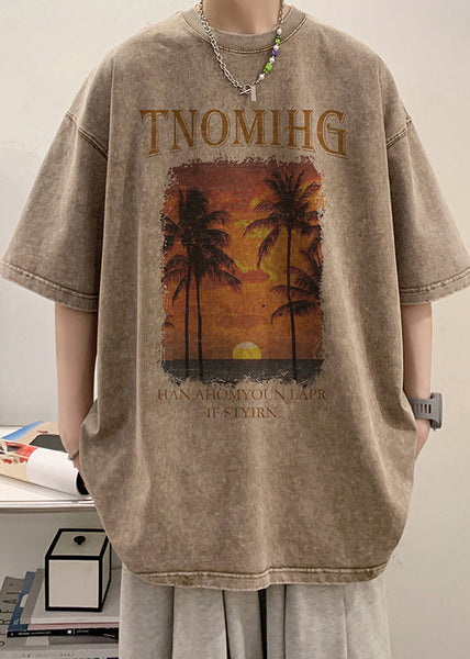 O Shirt Khaki Half Neck Sleeve Cotton Men T Oversized Print FashionChic