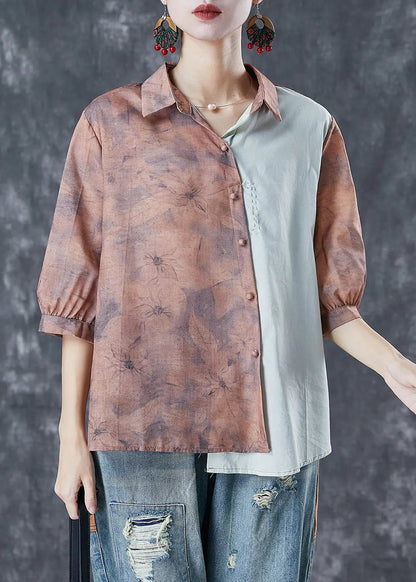 Khaki Print Patchwork Linen Shirt Top Asymmetrical Half Sleeve Ada Fashion