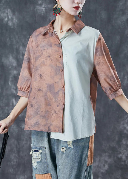 Khaki Print Patchwork Linen Shirt Top Asymmetrical Half Sleeve Ada Fashion