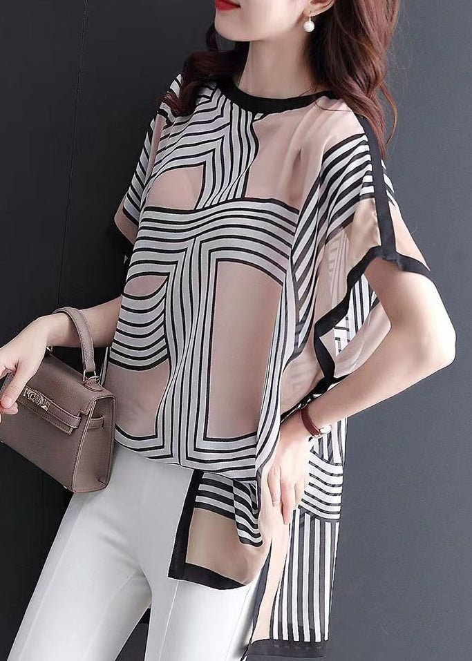 Khaki Print Side Open T Shirts O Neck Summer OP1019 Ada Fashion