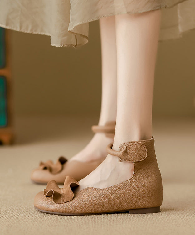 Khaki Ruffled Cowhide Leather Stylish Splicing Flats Buckle Strap QK057 shoe-PDX241013