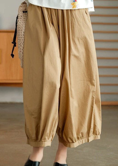 Khaki Solid Pockets Cotton Wide Leg Pants High Waist Summer VV078 HS-CPTS240627