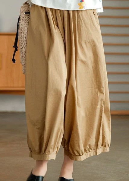Khaki Solid Pockets Cotton Wide Leg Pants High Waist Summer VV078 HS-CPTS240627