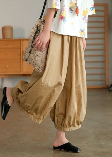 Khaki Solid Pockets Cotton Wide Leg Pants High Waist Summer VV078 HS-CPTS240627