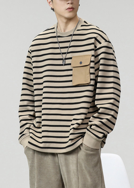 O T Striped Men Cotton Pockets Neck Spring Shirts Khaki FashionChic