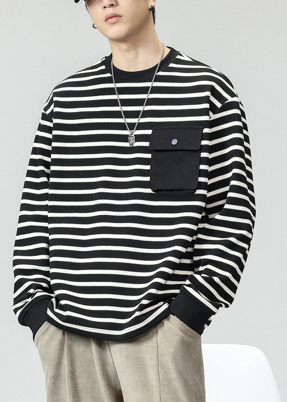 O T Striped Men Cotton Pockets Neck Spring Shirts Khaki FashionChic