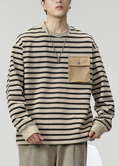 O T Striped Men Cotton Pockets Neck Spring Shirts Khaki FashionChic