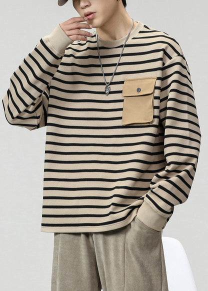 O T Striped Men Cotton Pockets Neck Spring Shirts Khaki FashionChic